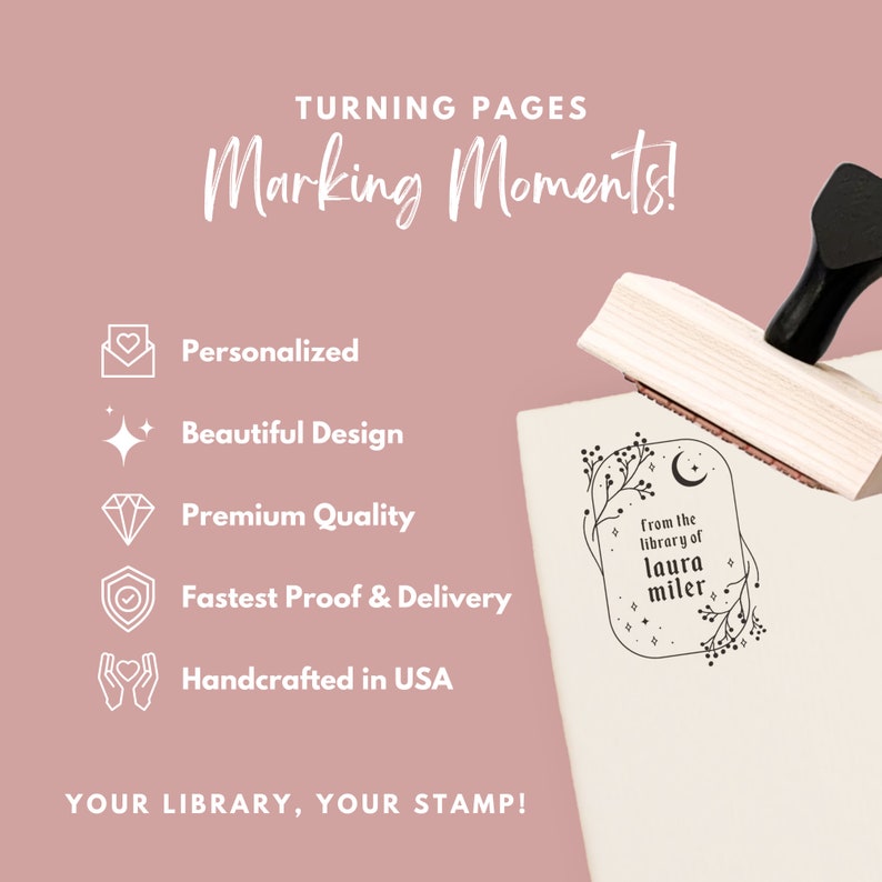 Moon Personalized Book Stamp | From the library of | Ex Libris | This book belongs to | Book lover gift | Self ink stamper | Wood handle image 2