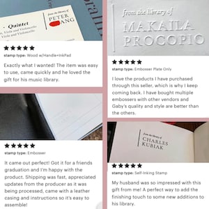May include: Four different customer reviews for a book stamp. Each review includes a five-star rating, the type of stamp, and a description of the customer's experience. The reviews are for a wood handle and ink pad stamp, an embosser plate only stamp, an embosser stamp, and a self-inking stamp.