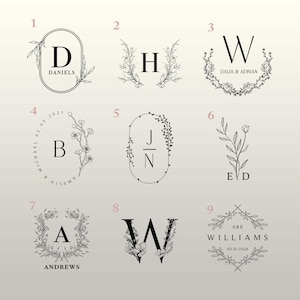 May include: Nine different wedding monogram designs with floral elements. Each design features a couple's initials and last name or wedding date.