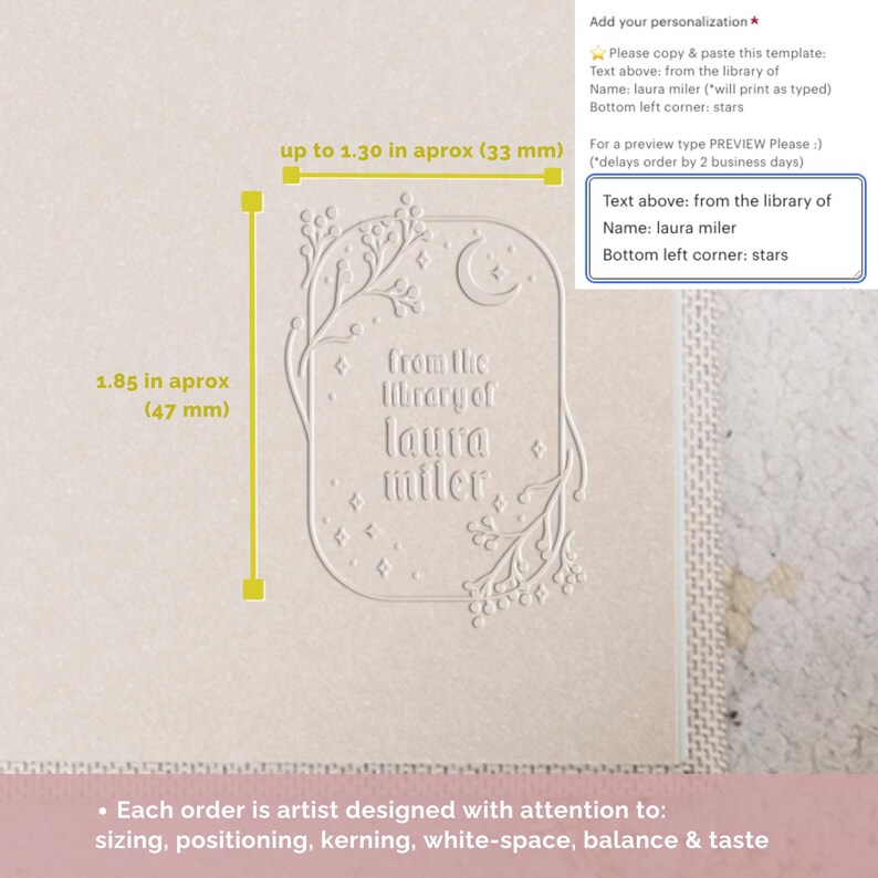 May include: A white bookplate with a decorative border featuring a crescent moon, stars, and floral elements. The text "from the library of laura miler" is printed in the centre. The bookplate measures 4.7 cm by 3.3 cm.
