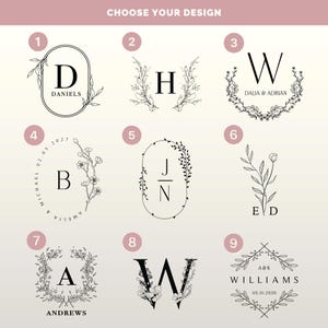 May include: A selection of nine elegant design options, each featuring a unique monogram or initial with floral or botanical accents. The designs include letters like "D", "H", "W", "B", "J", "E", "A", and "W", with names and dates.