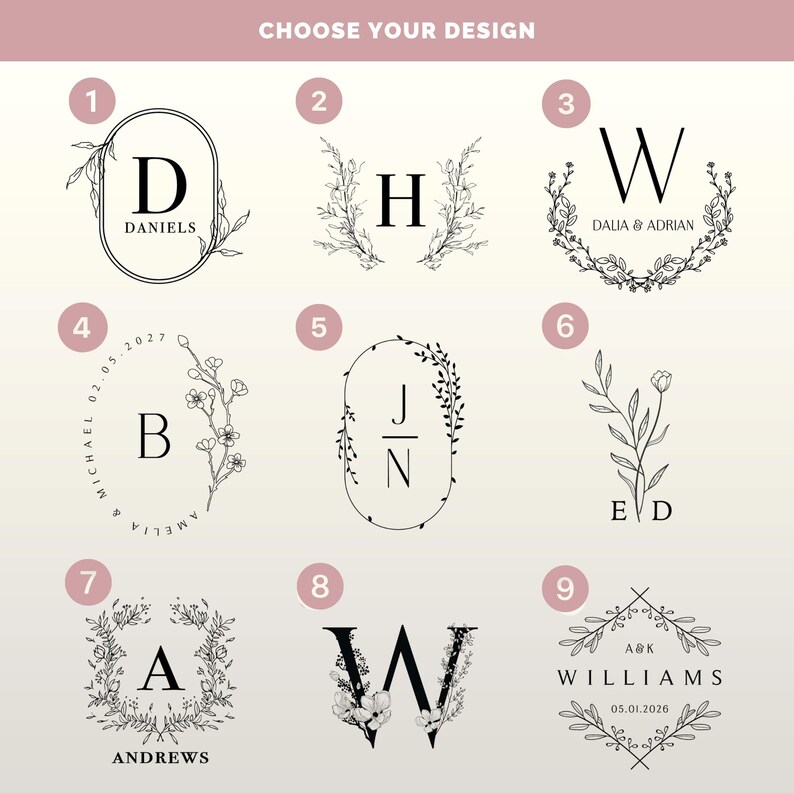 May include: A selection of nine elegant design options, each featuring a unique monogram or initial with floral or botanical accents. The designs include letters like "D", "H", "W", "B", "J", "E", "A", and "W", with names and dates.