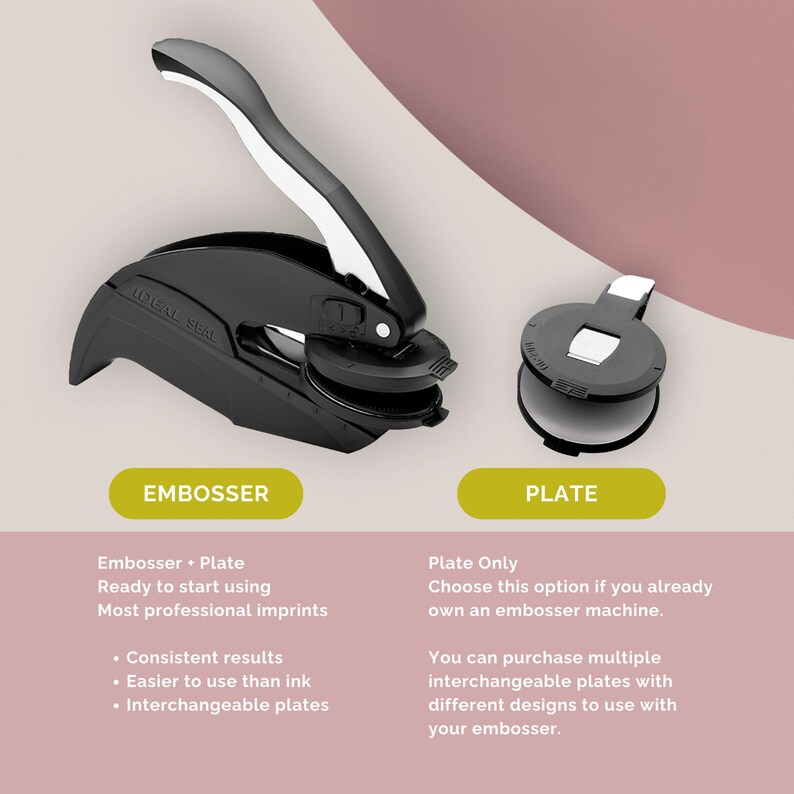 May include: A black embosser with a white handle and a separate plate. The embosser has the text "IDEAL SEAL". The image also includes text that says "EMBOSSER" and "PLATE".