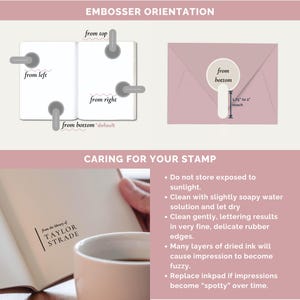 May include: A diagram showing how to orient a rubber stamp for embossing on different surfaces, such as envelopes, books, and journals. The diagram shows the stamp being placed in four different positions: from the top, from the left, from the right, and from the bottom. The diagram also includes instructions on how to care for the stamp, such as cleaning it with soapy water and avoiding exposure to sunlight.