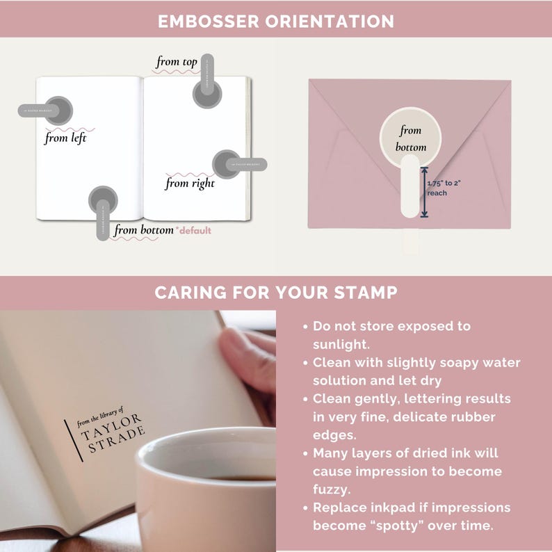 May include: A diagram showing how to orient a rubber stamp for embossing on different surfaces, such as envelopes, books, and journals. The diagram shows the stamp being placed in four different positions: from the top, from the left, from the right, and from the bottom. The diagram also includes instructions on how to care for the stamp, such as cleaning it with soapy water and avoiding exposure to sunlight.