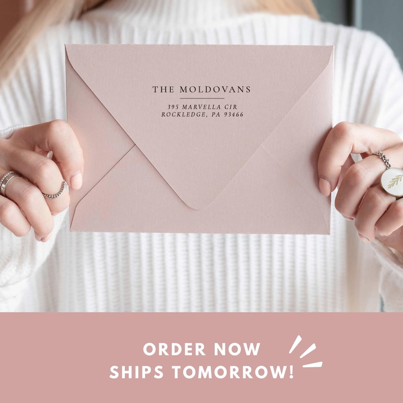 May include: A pink envelope with a return address label that reads "THE MOLDOVANS 395 MARVELLA CIR ROCKLEDGE, PA 93466". The text "ORDER NOW!! SHIPS TOMORROW!" is displayed on a pink background.