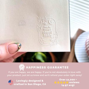 May include: A white card with a decorative stamp that reads "From the library of abigail handy". The card also includes a happiness guarantee message, stating that if you are not happy with your product, you can get a refund. The card also mentions that the product is lovingly designed and crafted in San Diego, CA. The card also includes a 5-star rating with over 11,000 reviews and a 4.97 average rating.