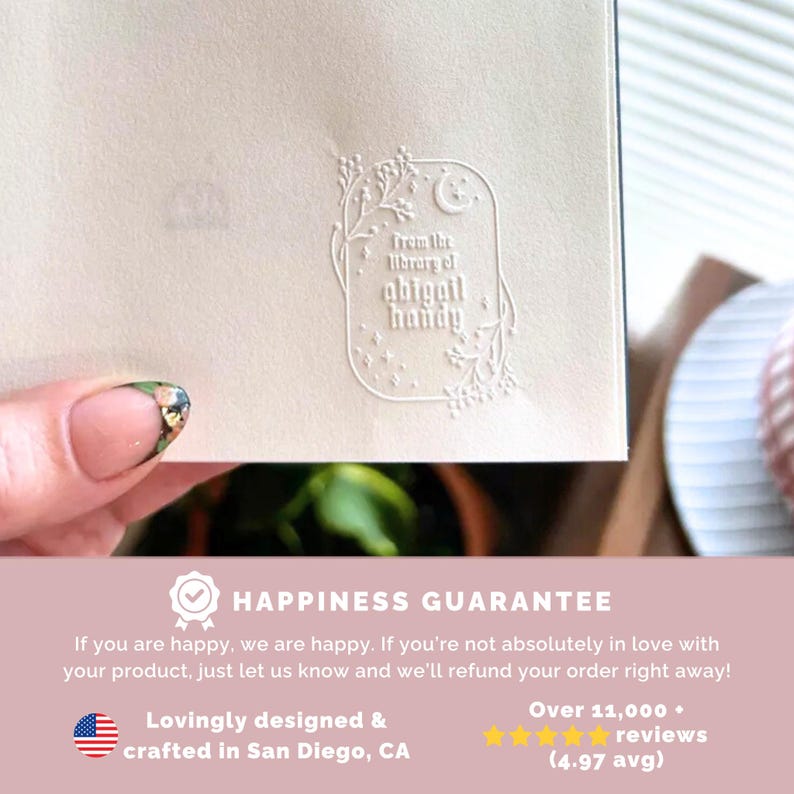 May include: A white card with a decorative stamp that reads "From the library of abigail handy". The card also includes a happiness guarantee message, stating that if you are not happy with your product, you can get a refund. The card also mentions that the product is lovingly designed and crafted in San Diego, CA. The card also includes a 5-star rating with over 11,000 reviews and a 4.97 average rating.