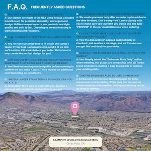 May include: A blue informational graphic titled F.A.Q. FREQUENTLY ASKED QUESTIONS with text addressing product quality, customization, logo usage, and embosser plate options. Below the text is an aerial view of a city with a pink location pin.