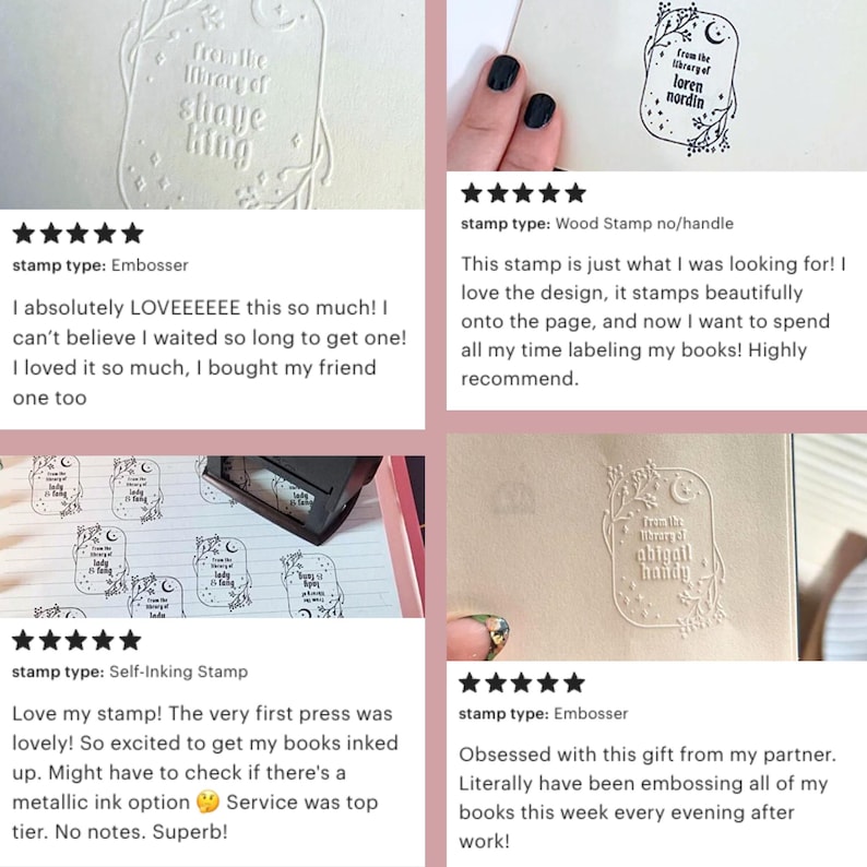 May include: Four close-up images of different book stamps. The first image shows a white stamp with the text "from the library of shaye king". The second image shows a white stamp with the text "from the library of loren nordin". The third image shows a self-inking stamp with the text "from the library of abigail handy". The fourth image shows a white stamp with the text "from the library of abigail handy".
