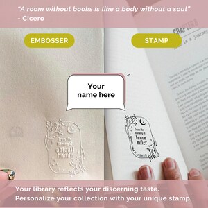 May include: A white book with a quote from Cicero about books being like a soul. The image shows two ways to personalise a book: with an embossed stamp and a regular stamp. The embossed stamp is a floral design with the text "from the library of abigail handy". The regular stamp is a floral design with the text "from the library of laura miler love it, read it, return it".