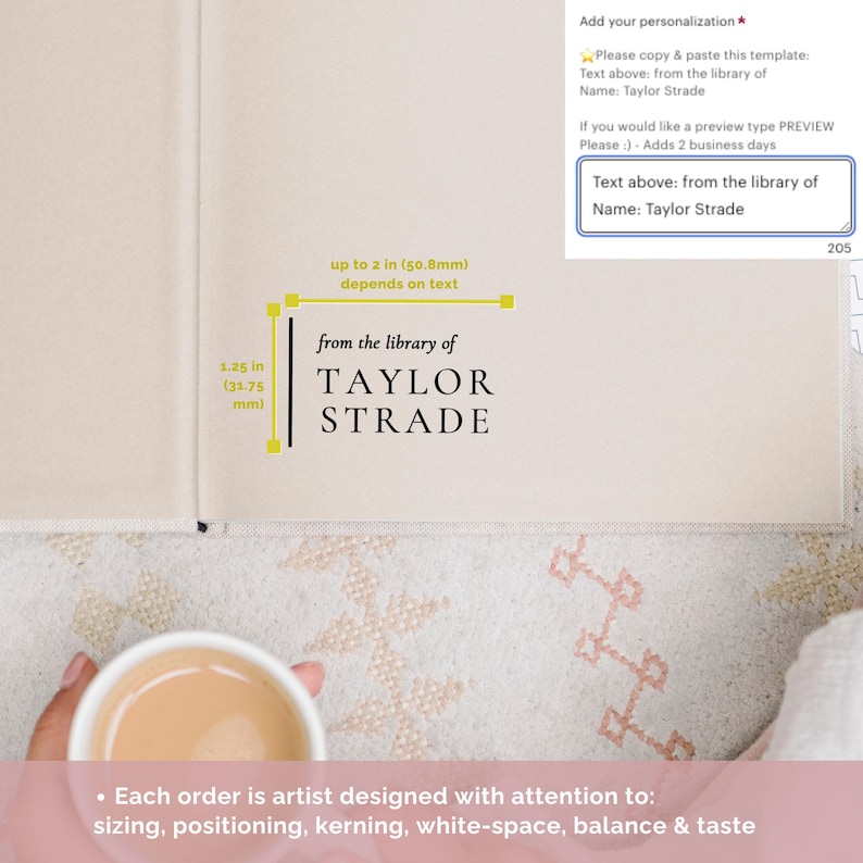 May include: A close-up of a book with a personalized inscription that reads "from the library of TAYLOR STRADE". The inscription is printed in black ink on a cream-colored page. The book is open to a blank page.