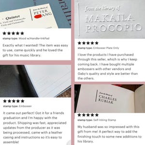 May include: Four different customer reviews for a book stamp. Each review includes a five-star rating, the type of stamp, and a description of the customer's experience. The reviews are for a wood handle stamp, an embosser plate, an embosser, and a self-inking stamp.