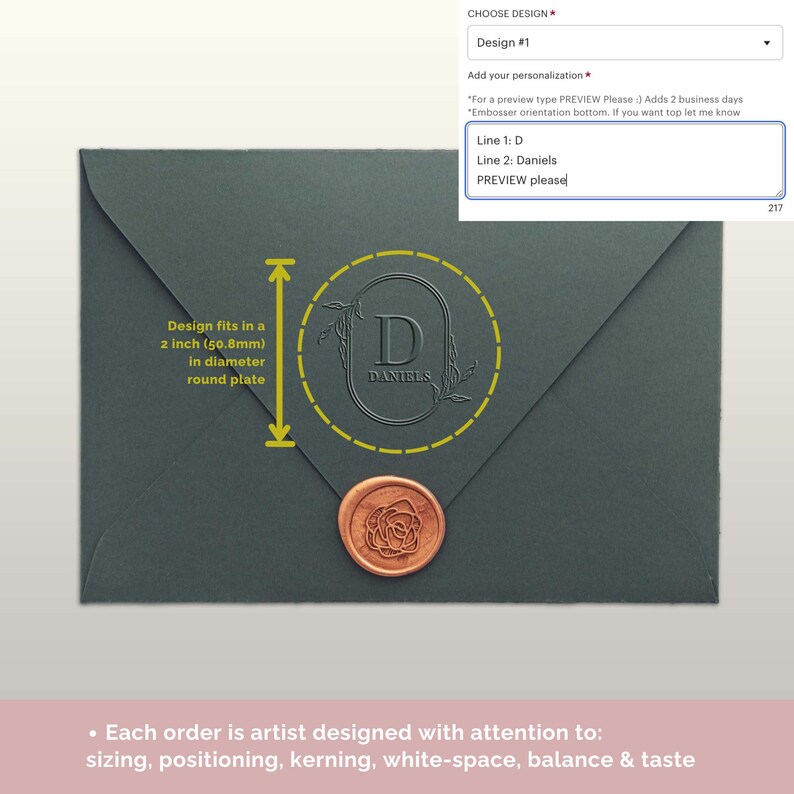 May include: A dark teal envelope with a gold embossed design. The design includes the letter "D" inside an oval frame with the name "Daniels" below. A 2-inch (50.8mm) diameter circle indicates the design size. A rose-shaped wax seal is at the bottom.