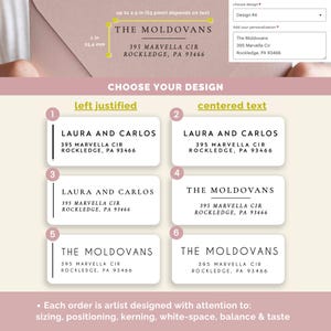 May include: Six different return address label designs with options for left justified or centered text. The designs feature the names "Laura and Carlos" and "The Moldovans" with their address, "395 Marvella Cir, Rockledge, PA 93466".