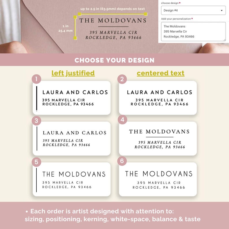 May include: Six different return address label designs with options for left justified or centered text. The designs feature the names "Laura and Carlos" and "The Moldovans" with their address, "395 Marvella Cir, Rockledge, PA 93466".