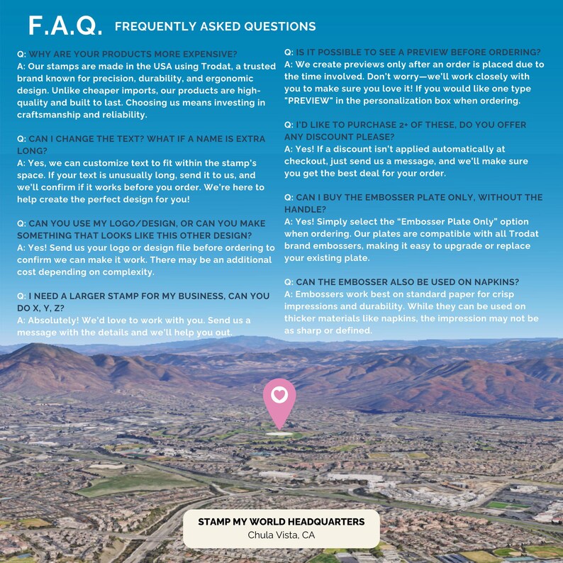 May include: Image of a frequently asked questions (FAQ) page for a stamp company. The page is on a blue background with white text. The FAQ covers topics like product quality, customization, logos, and previews. A map with a pink location marker is in the background.