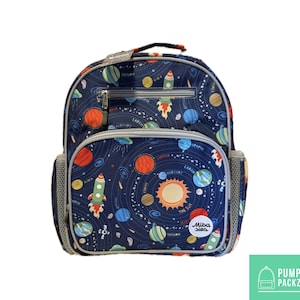May include: A navy blue backpack with a space-themed design featuring planets, rockets, and the sun. The backpack has a front pocket, side mesh pockets, and a top handle. The text "Miba Sles" is visible on the front.