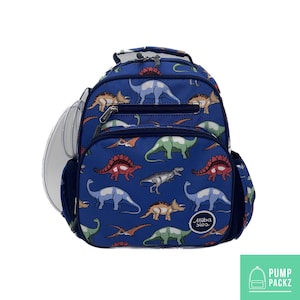 Small Feeding Tube Backpack | Navy Blue Dinosaurs | For EnteraLite Infinity Feeding Pump, Kangaroo Joey / Omni | 12”