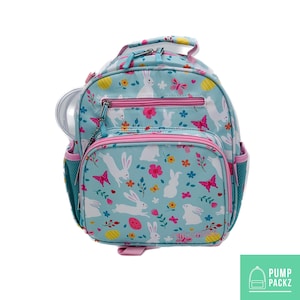 Small Feeding Tube Backpack | Blue and Pink Bunny | For EnteraLite Infinity Feeding Pump, Kangaroo Joey / Omni | 12”