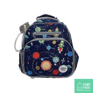 Może przedstawiać: Niebiesko-szary plecak z motywem kosmicznym. Plecak przedstawia rakietę, planety i gwiazdy. Na przodzie plecaka znajduje się napis "Miba sles".