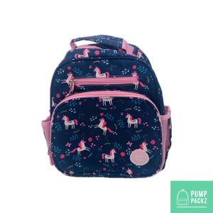 Small Feeding Tube Backpack | Dark Blue and Pink Unicorn  | For EnteraLite Infinity Feeding Pump, Kangaroo Joey / Omni | 12”