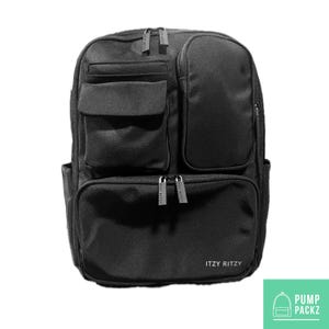 May include: Black backpack with multiple compartments and zippered closures. Features a front pocket, side pockets, and the text "ITZY RITZY" at the bottom. The bag has a rectangular shape and is made of a durable material.