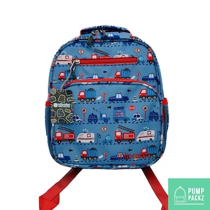 Small Feeding Tube Backpack | Blue and Red Vehicles | For EnteraLite Infinity Feeding Pump, Kangaroo Joey / Omni | 12”