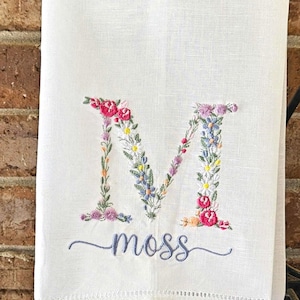 Floral Embroidered Linen Tea Towel: Personalized Monogram