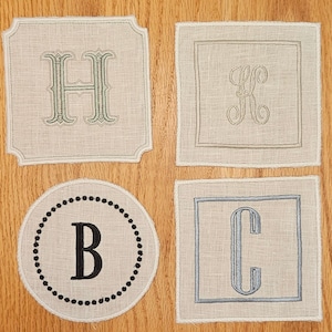 White Monogrammed Linen Cocktail Napkins- Classic Linen Napkins- Embroidered Linen Napkins- Set Of Four