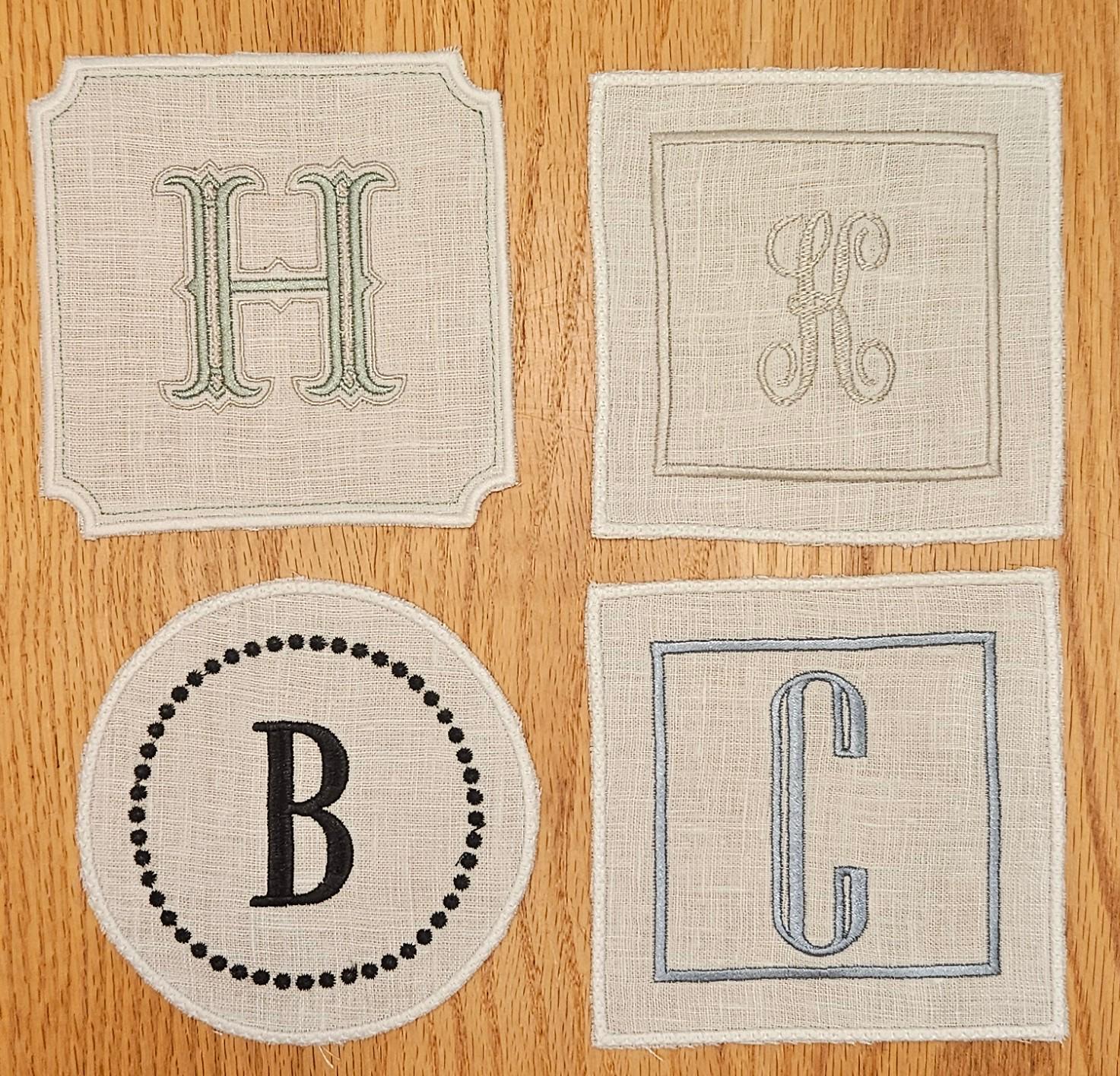 White Monogrammed Linen Cocktail Napkins- Classic Linen Napkins- Embroidered Linen Napkins- Set Of Four