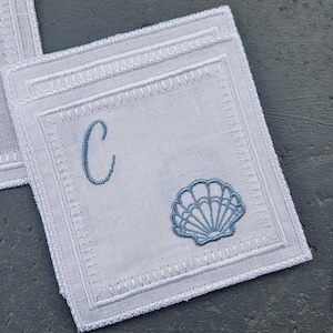 Embroidered Monogrammed Shell Linen Cocktail Napkin- Personalized Linen Shower Napkins- Hostess Gift Nautical Themed Cocktail napkins