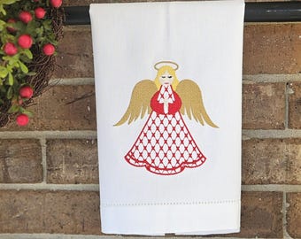 Embroidered Linen Christmas Angel Towel -Personalized Linen Christmas towel- Christmas Kitchen or Guest Towel
