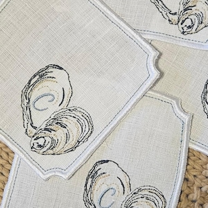 Embroidered Monogrammed Oyster Shell Linen Cocktail Napkin- Coastal Personalized Linen Cocktail Napkins- Hostess Gift- Oyster Roast Napkins