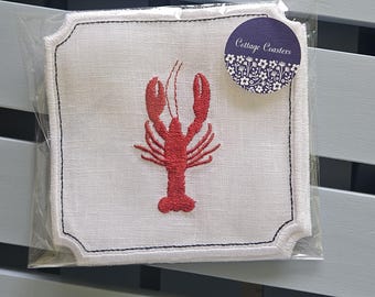 Embroidered Linen Lobster Cocktail Napkins: Coastal Decor, Set of 4