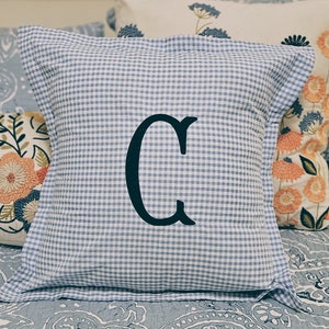 Light Blue Cotton Seersucker Gingham Pillow Cover For Nursery, Bedroom, Livingroom, Blue and White Monogrammed Pillow Cover