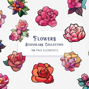 Gebrandschilderd glas bloemen clipart-transparante PNG geïllustreerde bloemen voor ambachten, POD, uitnodigingen, stickers, digitale planner, commercieel gebruik