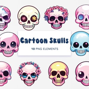 Lindo dibujo de calavera ilustrada - Clipart transparente PNG lindas calaveras kawaii para pegatinas, manualidades POD, planificadores digitales, uso comercial