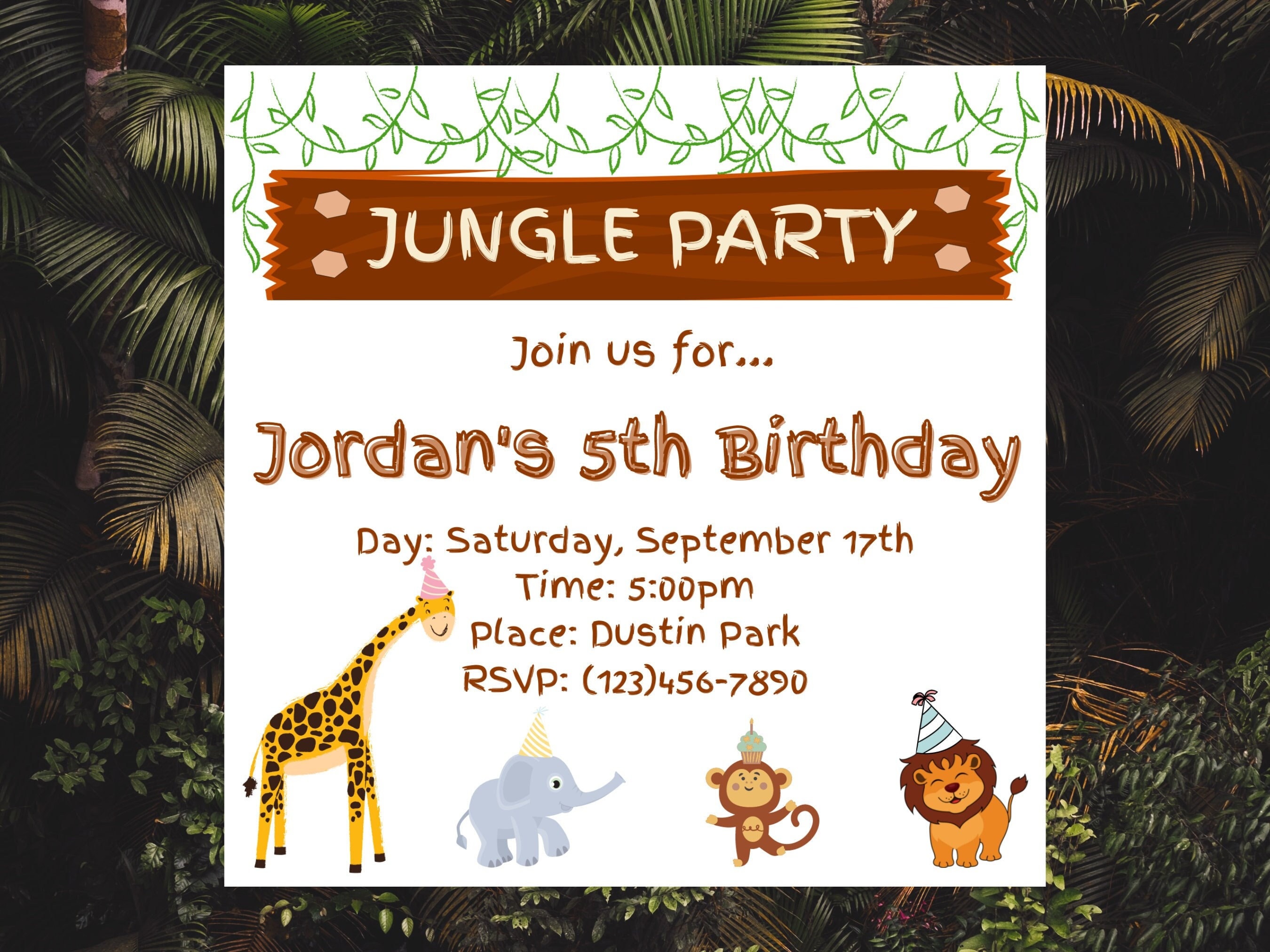 Birthday Party Invitation Jungle Theme Kid's Birthday Etsy