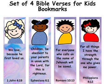 Set of 4 Printable Bible Verses for Kids, Coloring Bookmarks, Bible Bookmarks, Unique Bookmarks, Family Bible, Childrens Bible, Bible Study