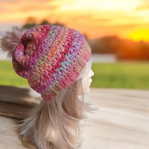Multicolored Slouchy Beanie w/Pompom