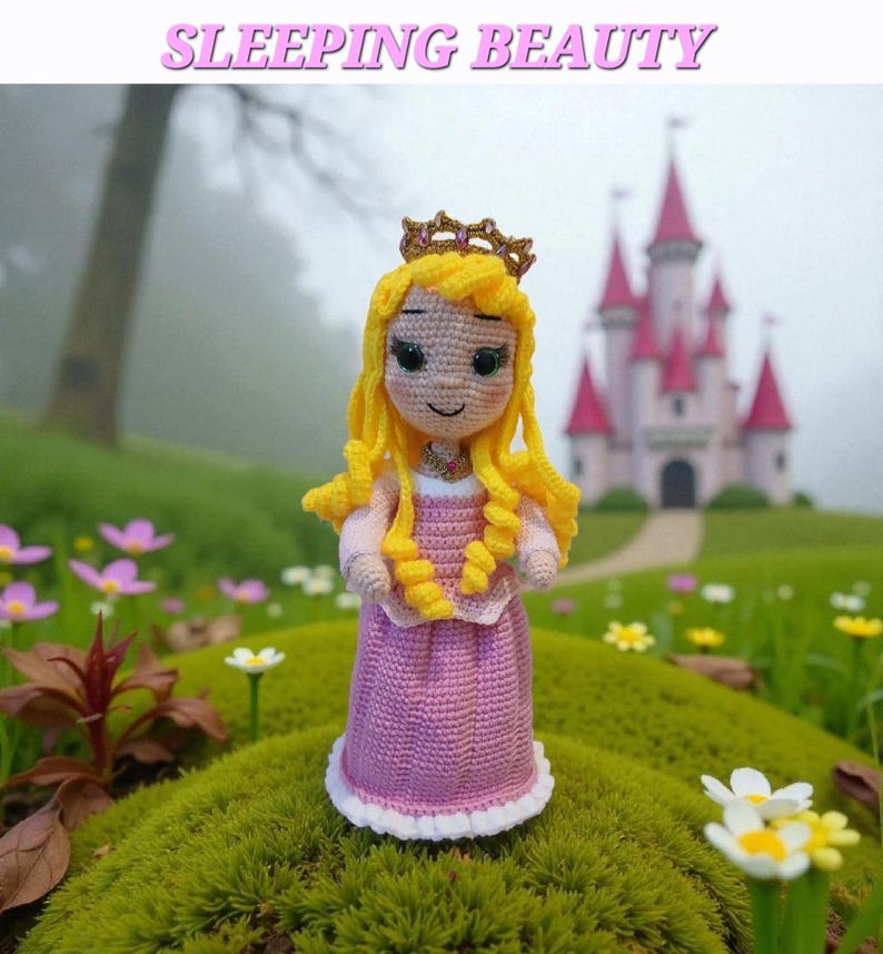 May include: A crocheted doll of Sleeping Beauty, wearing a pink dress with a white trim and a gold crown. The doll has yellow hair and is standing in a grassy area with a castle in the background. The text "SLEEPING BEAUTY" is above the doll.