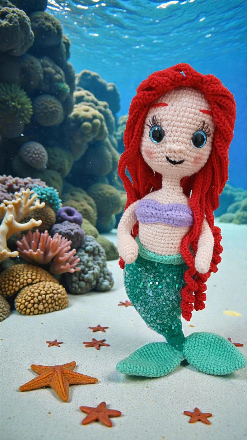 May include: Crocheted mermaid doll with red hair, a purple top, and a green sequined tail. The doll is standing on a sandy surface with orange starfish and coral in the background. The doll is approximately 10 inches tall.