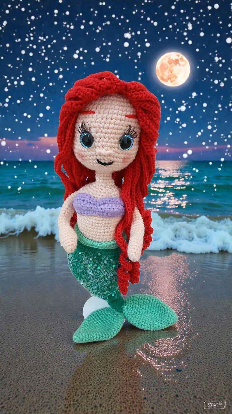 May include: A handmade crochet mermaid doll with red hair, a purple top, and a green sequined tail. The doll is posed on a beach with a starry sky and a full moon in the background.