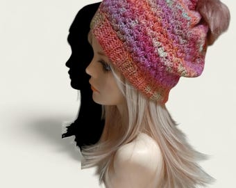 Multicolored Slouchy Beanie w/Pompom