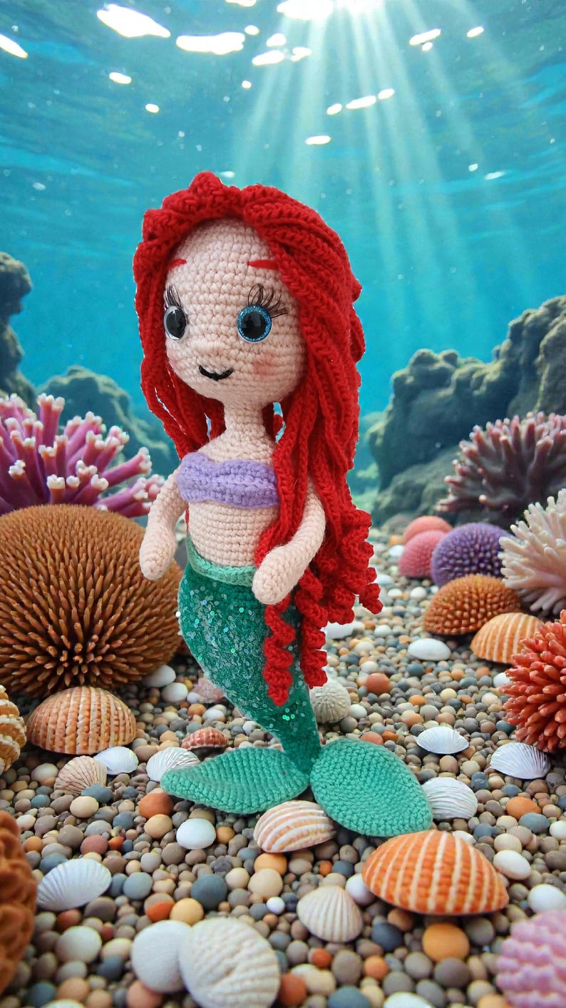 May include: A handmade crochet mermaid doll with red hair, a purple top, and a green sequined tail. The doll is standing on a bed of pebbles and seashells, with a colorful coral reef background.