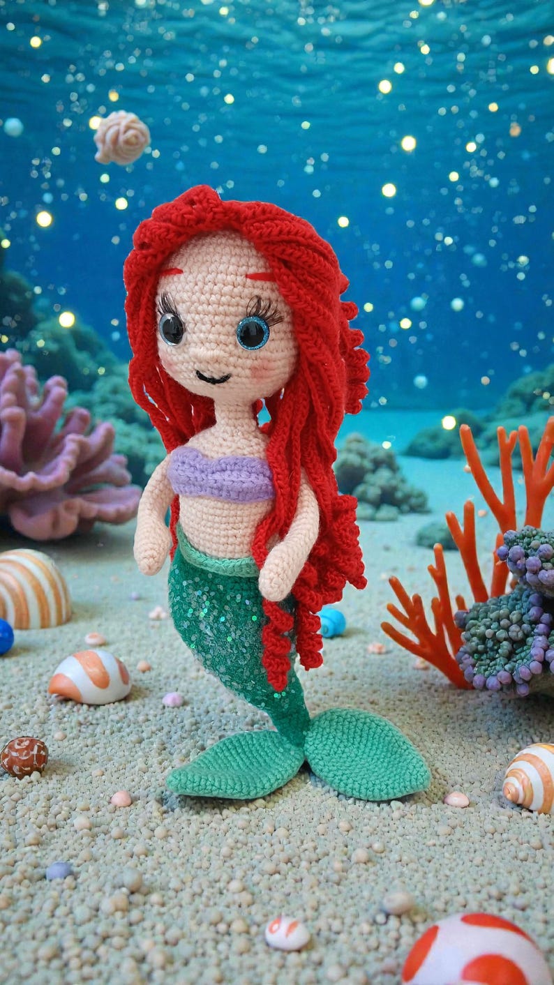 May include: A handmade crochet mermaid doll with red hair, blue eyes, and a purple top. The mermaid has a green sequined tail and is posed on a sandy surface with seashells and coral in the background. The doll is approximately 10 inches tall.