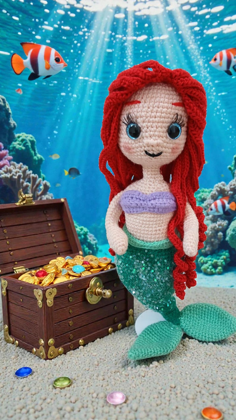 May include: Crocheted mermaid doll with red hair, a purple top, and a green sequined tail. The doll is set against an underwater backdrop with a treasure chest filled with gold coins and colorful gems. Fish swim in the background.