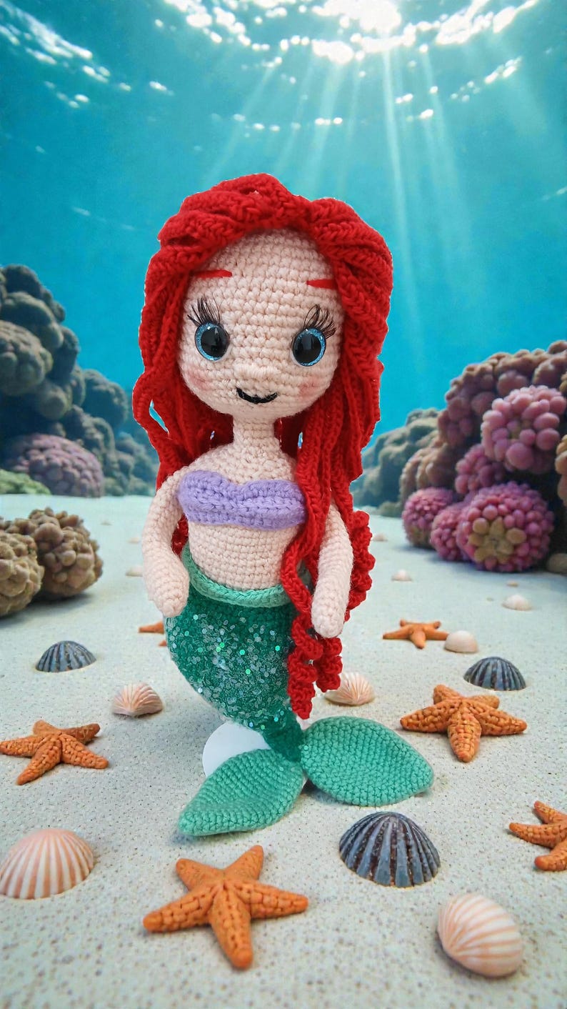 May include: A crocheted mermaid doll with red hair, blue eyes, and a purple top. The mermaid has a green sequined tail and is surrounded by seashells and starfish on a sandy surface. The background features an underwater scene with coral.