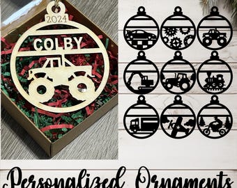 Personalized Name Ornaments w/Gift Box - Cars, Trucks, and Transportation Collection